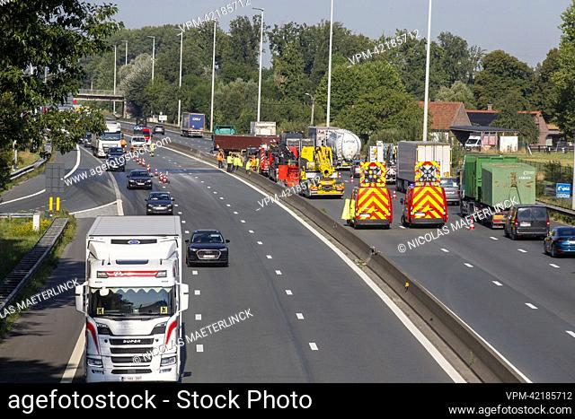 Illustration picture shows an accident with a truck at the Drongen exit of the E40 highway, in Drongen, Friday 02 September 2022