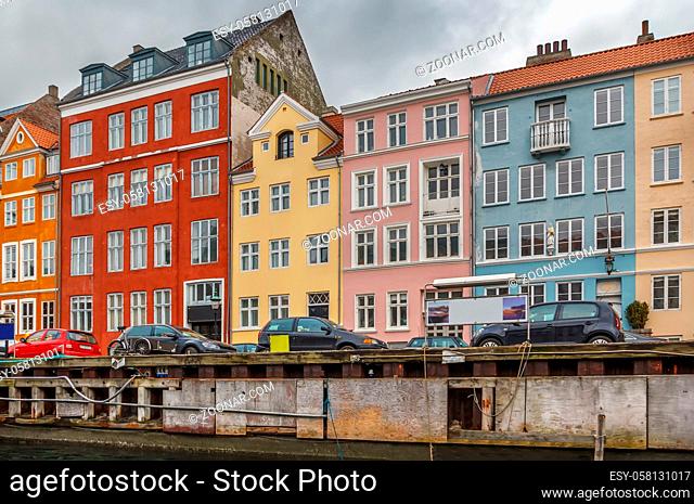 Colourful facade of building along the Nyhavn Canal in Copenhagen, Denmark