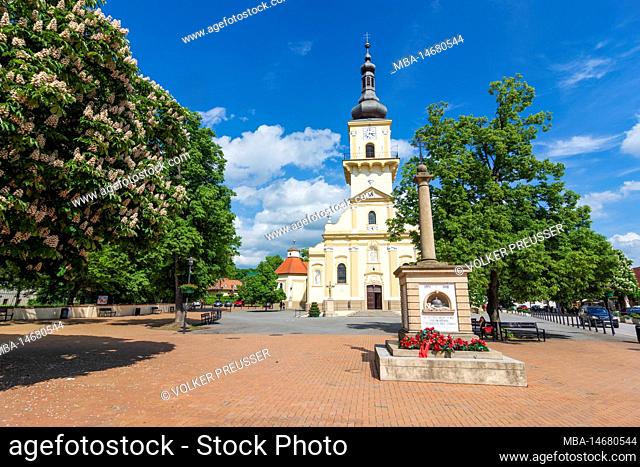 Stupava (Stampfen), Main Square Namestie sv. Trojice with Catholic Church in Slovakia