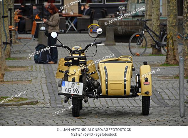 Vintage Second World War sidecar motorcycle in Dusseldorf, Germany, Europe