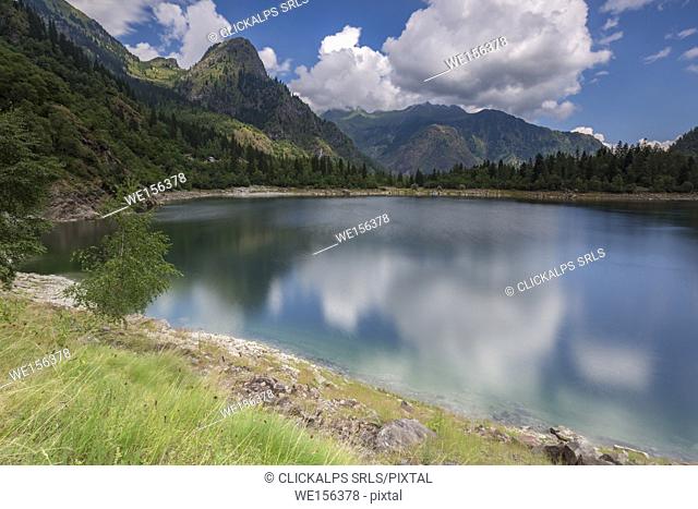 View of Lago di Antrona from the trail around the lake, Valle Antrona, Piedmont, Italy