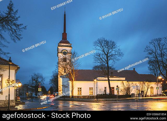 Kuressaare, Estonia. Kuressaare St. Lawrence Church In Blue Hour Evening Night. Street