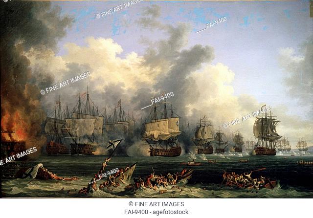 The Sinking of the Russian Battleship St. Evstafius in the naval Battle of Chesma. Hackert, Jacob Philipp (1737-1807). Oil on canvas