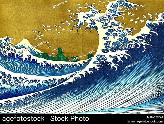 A colored version of Katsushika Hokusai's Big wave from the illustrated book 100 views of the Fuji, vol 2, 1835. Katsushika Hokusai (1760–1849)