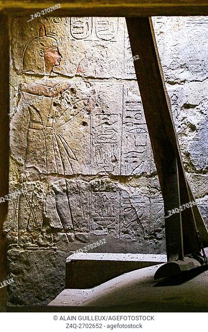 Egypt, Nile Delta, Royal Necropolis of Tanis, tomb of Osorkon II, room of Takelot, adoration of Osiris