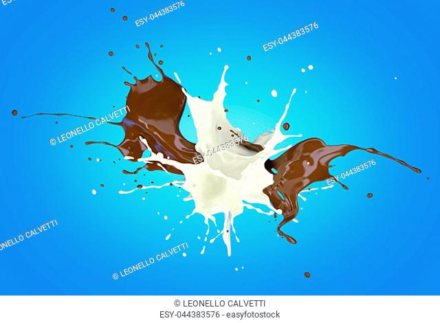 Milk and chocolate , or paint splashing against each other in the air. On blue background. Clipping path included