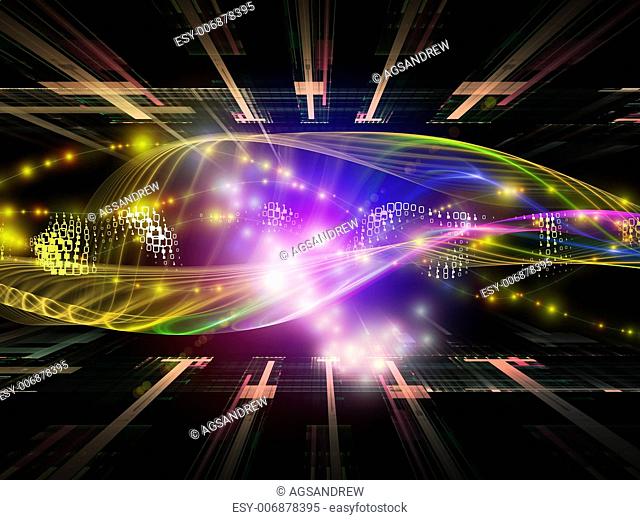 Design composed of abstract sine waves and design elements as a metaphor on the subject of modern computing, virtual reality and signal processing