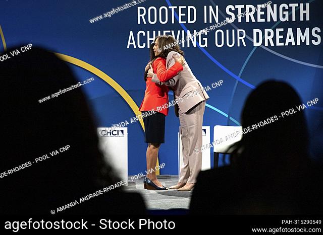 Rep. Nanette Barragán, D-Calif., left, and US Vice President Kamala Harris hug during the Congressional Hispanic Caucus Institute leadership conference at the...