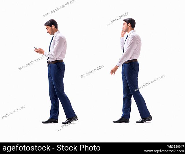 Businessman walking standing side view isolated on white background