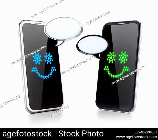Smartphones communicating each other with blank speech balloons. 3D illustration