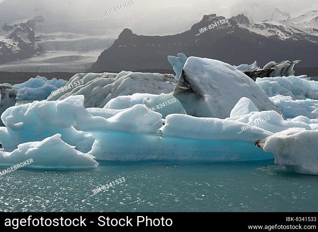Chunks of ice on the glacial lake Jökulsárlón, Iceland, Europe