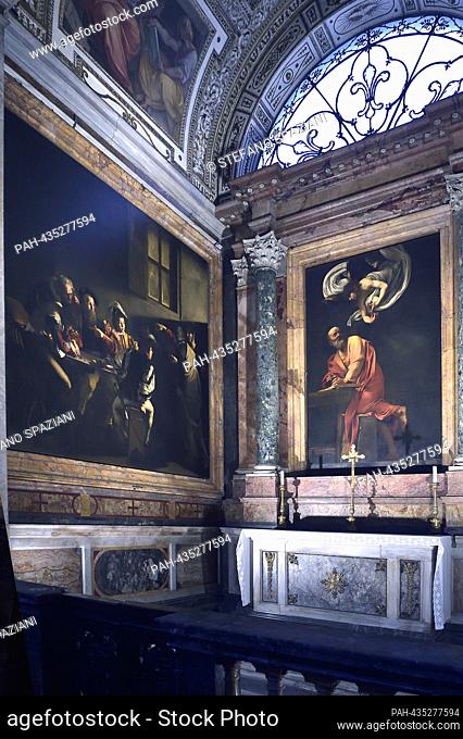 Painting by Michelangelo Merisi, called Caravaggio's cycle of Saint Matthew (The Calling of Saint Matthew, left, The Inspiration of Saint Matthew, center