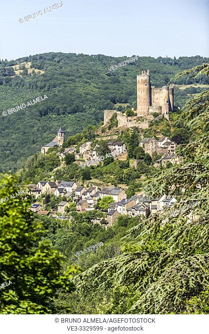 View of castle and medieval town of Najac (Aveyron Department, Occitanie Region, France)