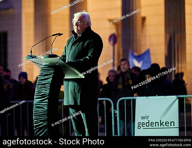 20 February 2023, Berlin: Frank-Walter Steinmeier, Federal President delivers a speech in front of the Brandenburg Gate to commemorate the victims of the...