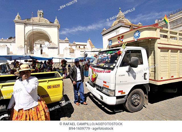 Basilica of Our Lady of Copacabana. Blessing of cars. Copacabana is the main Bolivian town on the shore of Lake Titicaca
