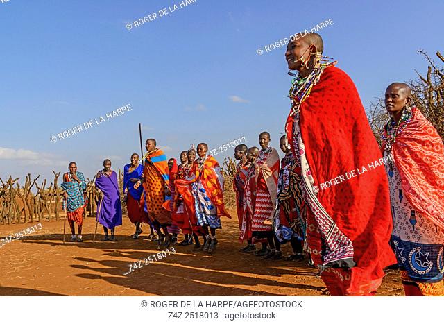 Maasai (Masai) people dancing. Satao Elerai Conservancy. Near Amboseli National Park. Kenya