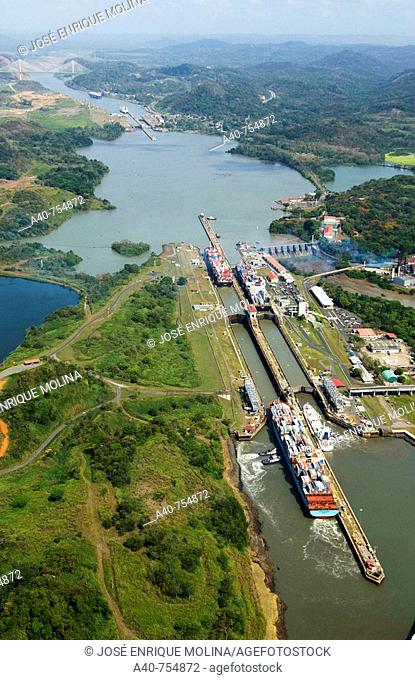 Panama. Panama Canal and  Miraflores locks. Aerial view