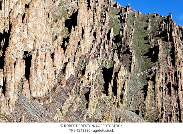 Jagged rock formations at Stok gorge in Ladakh, India