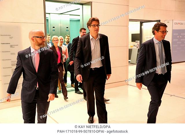 CDU general secretary Peter Tauber (L-R), senior Green Party member Michael Kellner, and CDU general secretary Andreas Scheuer after taking part in the first...