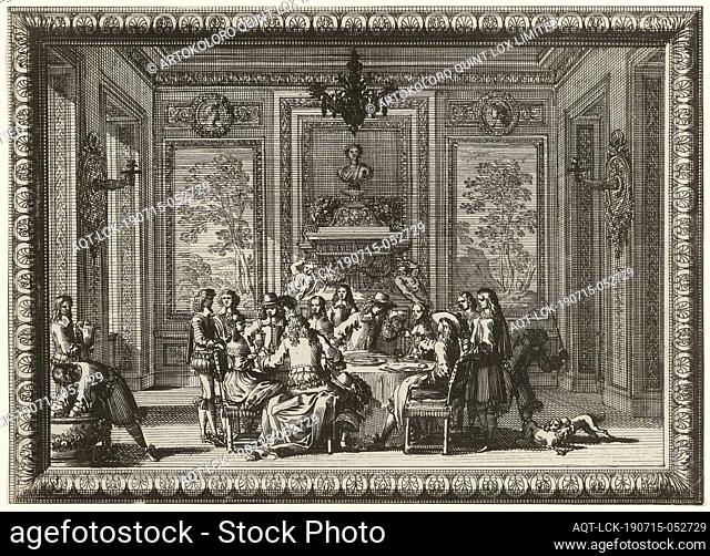 Interior with elegant company at a table Fireplaces and paneling (series title) Cheminés et lambris (series title ), interior of the house, open hearth