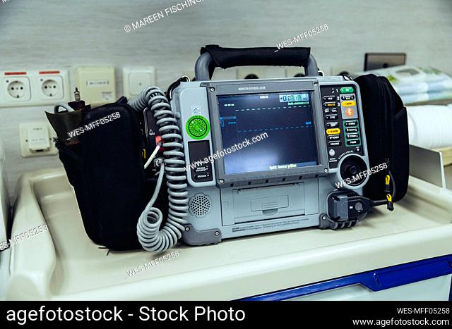 Defibrillator in trauma room of a hospital