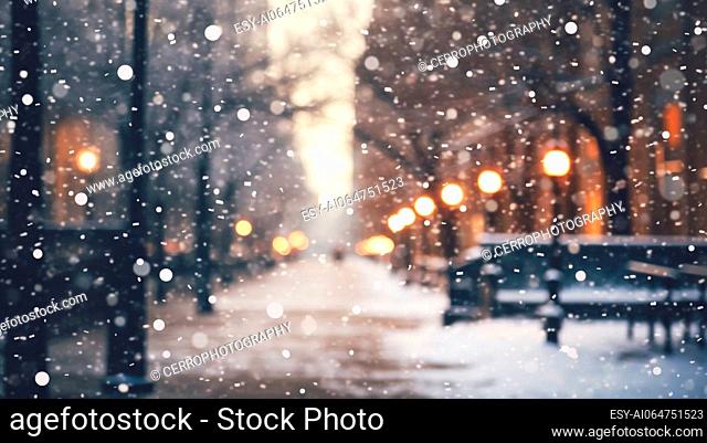 Magical winter snow fall and city lights. blurred background city street with Christmas illuminations, blurred holiday background