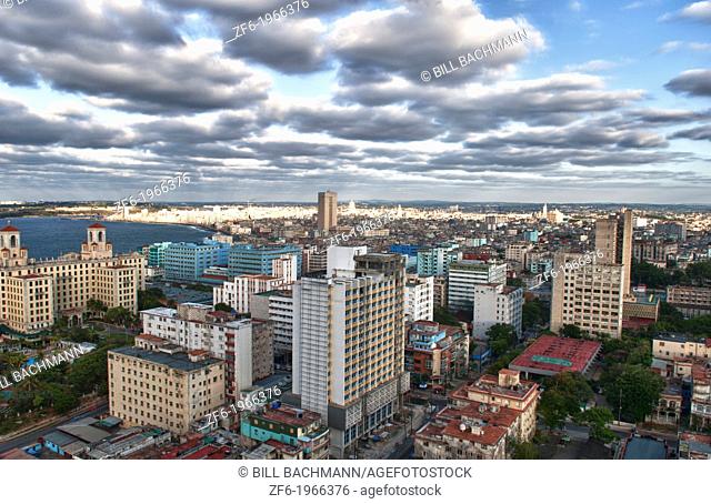 Havana Cuba view from above of entire city waterfront at sunset twilight of growing city from above in the Caribbean