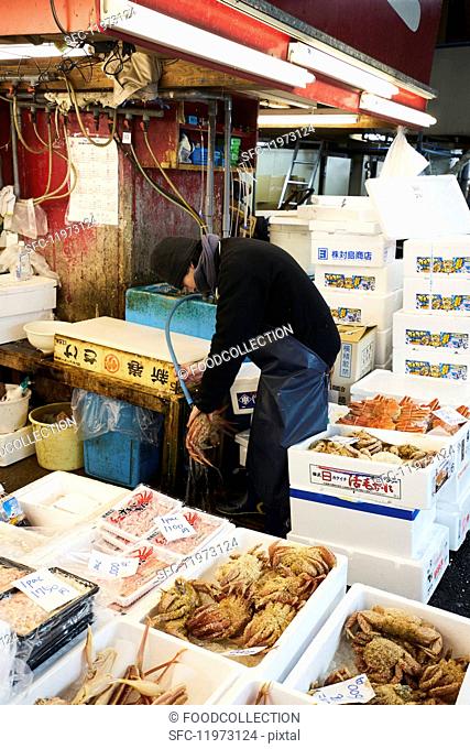Crustaceans at the Tsukiji fish market in Tokyo, Japan