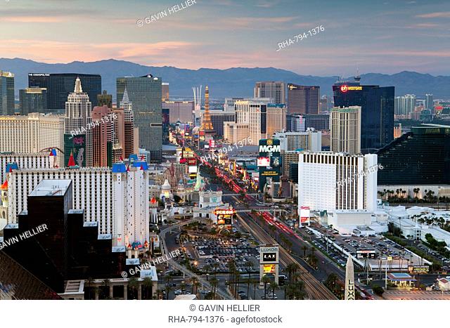Elevated dusk view of the hotels and casinos along The Strip, Las Vegas, Nevada, United States of America, North America