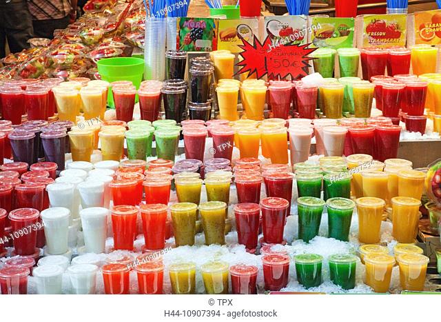 Europe, Spain, Barcelona, Ramblas, La Boqueria Market, Ramblas, La Boqueria, Fruit, Fresh Fruit, Fruit Juices, Juice, Drinks, Healthy Eating, Market, Markets