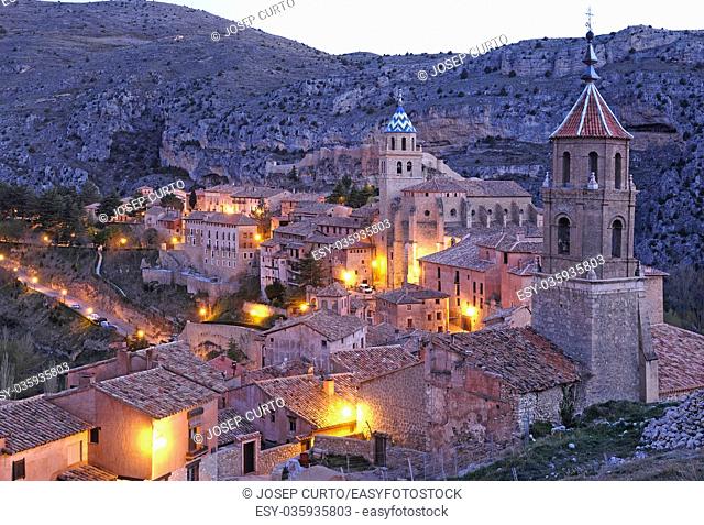 view of spanish town in evening. Albarracin, Teruel