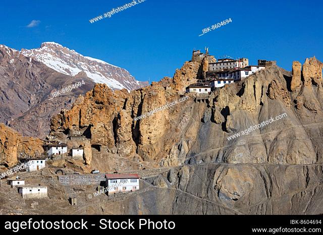 Dhankar monastry perched on a cliff in Himalayas. Dhankar, Spiti Valley, Himachal Pradesh, India, Asia