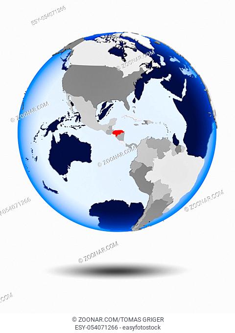 Honduras on political globe with shadow and translucent oceans isolated on white background. 3D illustration