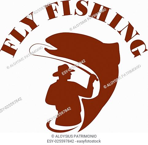Illustration of a fly fisherman fishing casting rod and reel reeling trout with the word FLY FISHING viewed from rear set on isolated white background done in...