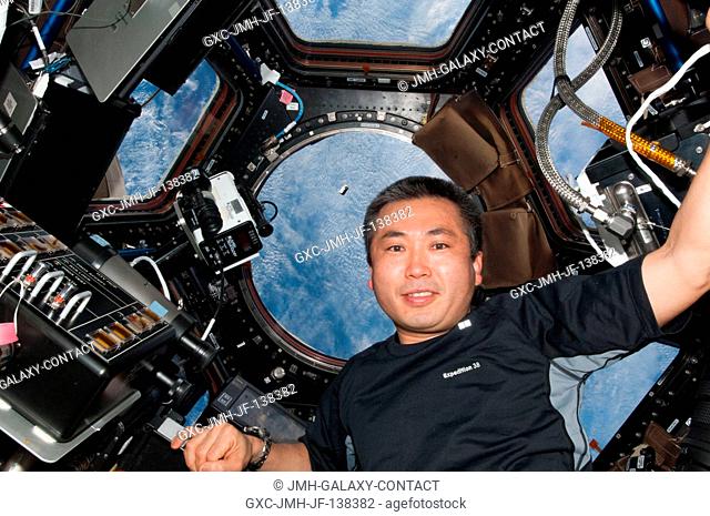 Japan Aerospace Exploration Agency astronaut Koichi Wakata, Expedition 38 flight engineer, is pictured near the windows in the International Space Station's...
