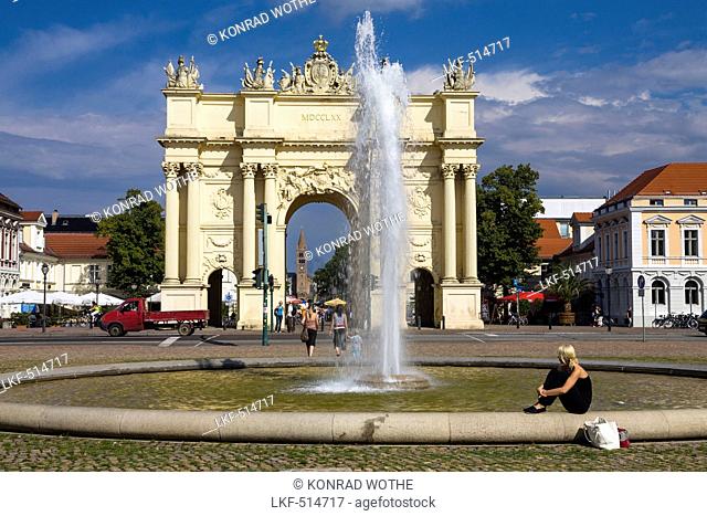 Brandenburg Gate with fountain, Luisenplatz, Potsdam, Brandenburg, Germany, Europe
