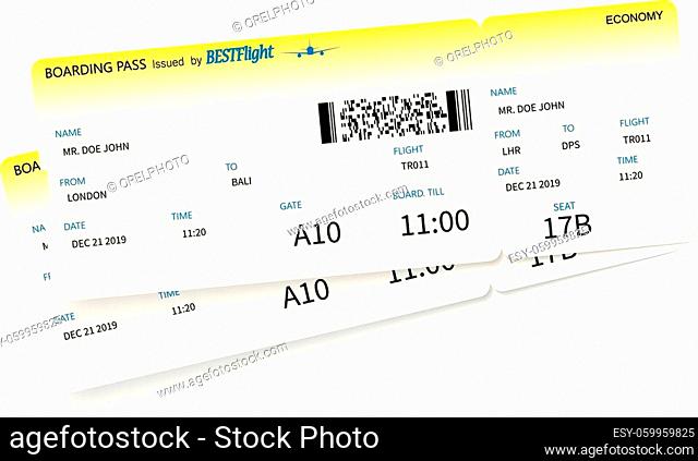 Airplane ticket template. Two yellow boarding pass coupons isolated on white background. Vector illustration
