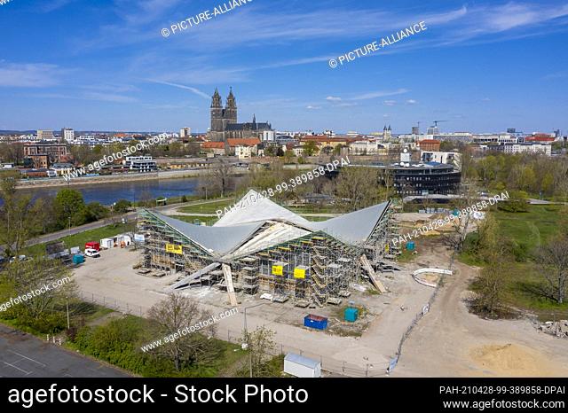 27 April 2021, Saxony-Anhalt, Magdeburg: View of the Hyparschale in Magdeburg. The listed building is currently being renovated