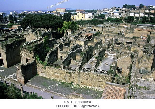 Ercolano. Town overcome by Vesuvius eruption. 79 AD. Archaeological site. Houses, buildings, ground plan