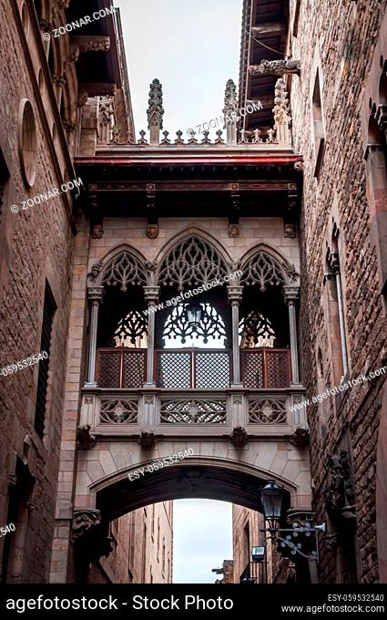 The Bridge of Carrer del Bisbe, the clone of the Bridge of Sighs of Venice in the heart of the Gothic Quarter of Barcelona