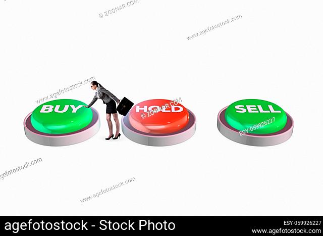 Concept of the commercial choices between buying holding and selling