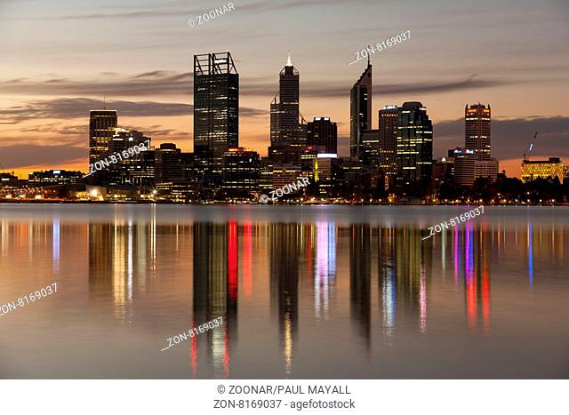 Perth City Skyline and Swan River by night, Western Australia