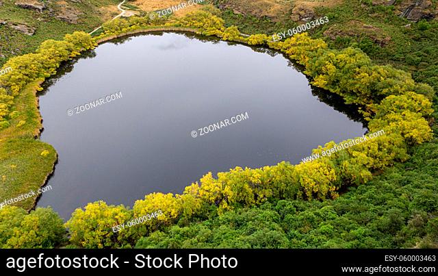 Wanaka, New Zealand - March 25, 2015: High angle view of Diamond Lake in the Mt Aspiring National Park near Wanaka