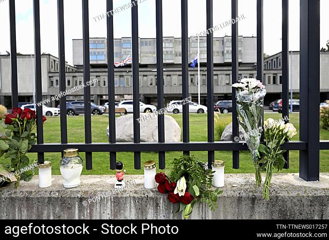 Flagging at half-mast, flower and candels outside the British Embassy in Stockholm, due to the death of Queen Elizabeth, September 9, 2022
