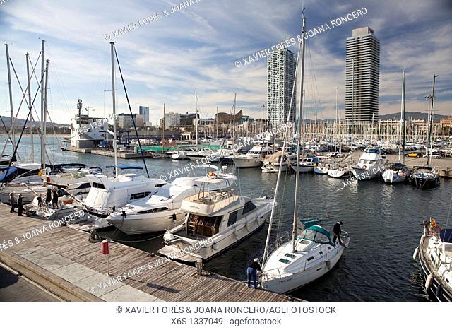Olympic harbor, Mapfre tower and Arts Hotel, Barcelona, Spain