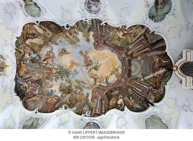 Ceiling fresco by Johann Baptist Baader, parish church of St John, former monastery church, Wessobrunn, Pfaffenwinkel region, Upper Bavaria, Bavaria, Germany