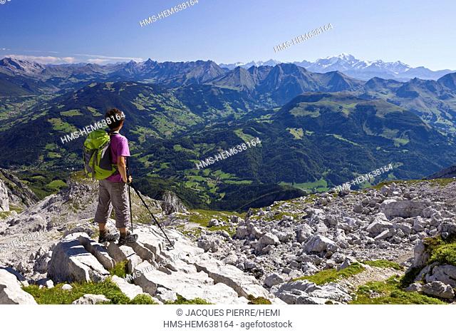 France, Haute Savoie, Massif des Bornes, Thones, panorama on the Alps and the Mont Blanc 4810m, the Chainon de La Tournette separates the Annecy Lake from the...