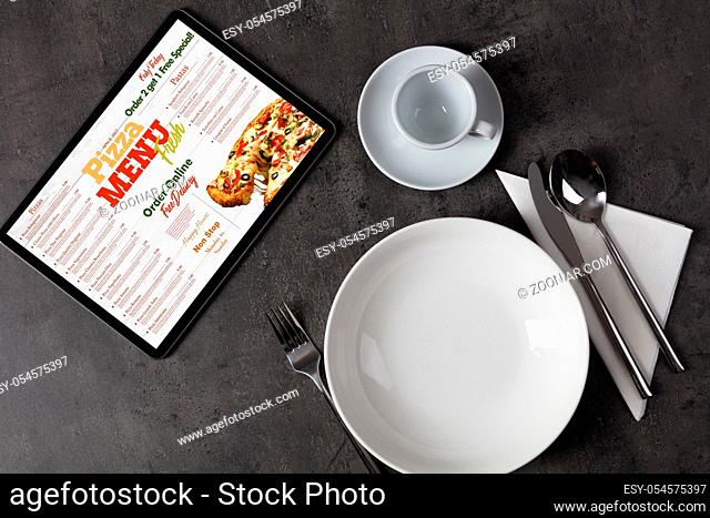 Non stop order online pizza menu with tableware concept