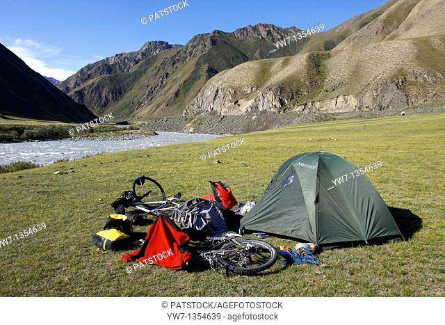 A tent and two bicycles in   , Kyrgyzstan