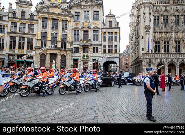 Police on motorbikes guide the royal vehicles at a royal visit to the Brussels City hall, on the first day of the official state visit of the Dutch royal couple...